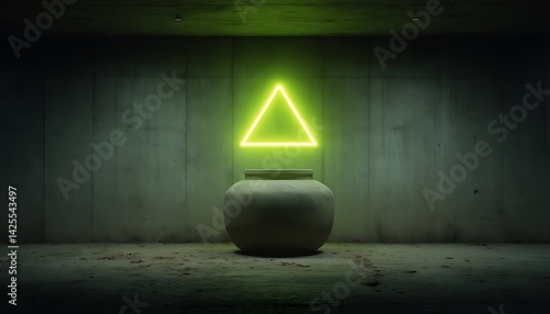 Neon Triangle, Concrete Vase, Dim Room