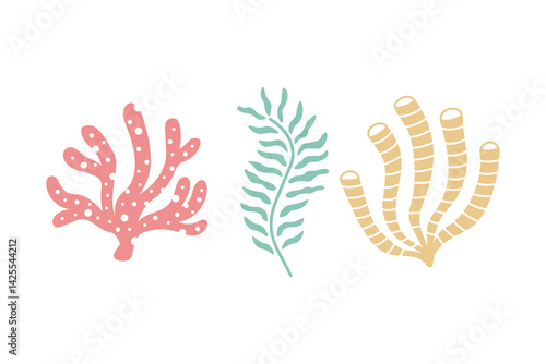 Corals and Seaweeds Set. Colorful Sea Life Plant Silhouettes Collection. Decorative doodle draft elements for summer beach decoration. Vector illustration
