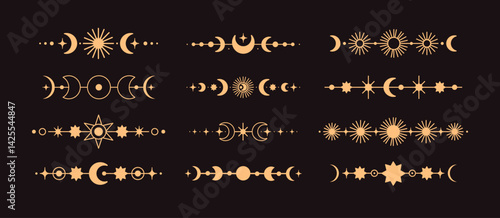 Esoteric magic lines with moon, sun, star, crescent patterns. Golden mystic dividers set. Celestial design elements, decorative gold borders, cosmic ornaments. Flat graphic vector illustrations