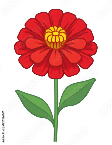 Vibrant red zinnia flower blooming, green leaves spreading, isolated on transparent backdrop