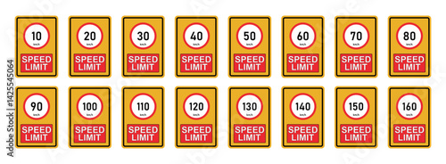 Maximum Speed Limit Sign Pack – Yellow and Red Traffic Control Icons with Speed Indicators from 10 to 160 km/h, Road Safety Symbols for Driving Regulation and Navigation