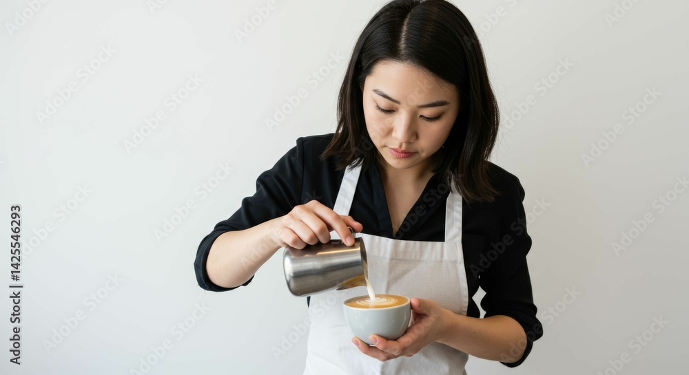 Focused young female barista carefully crafting latte art on a pristine white backdrop Focused young female barista carefully crafting latte art on a pristine white backdrop