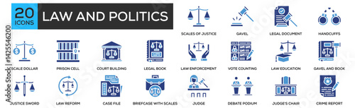 law and politics icon collection set. Containing design Scales of Justice, Gavel, Legal Document, Handcuffs, Scale with Dollar