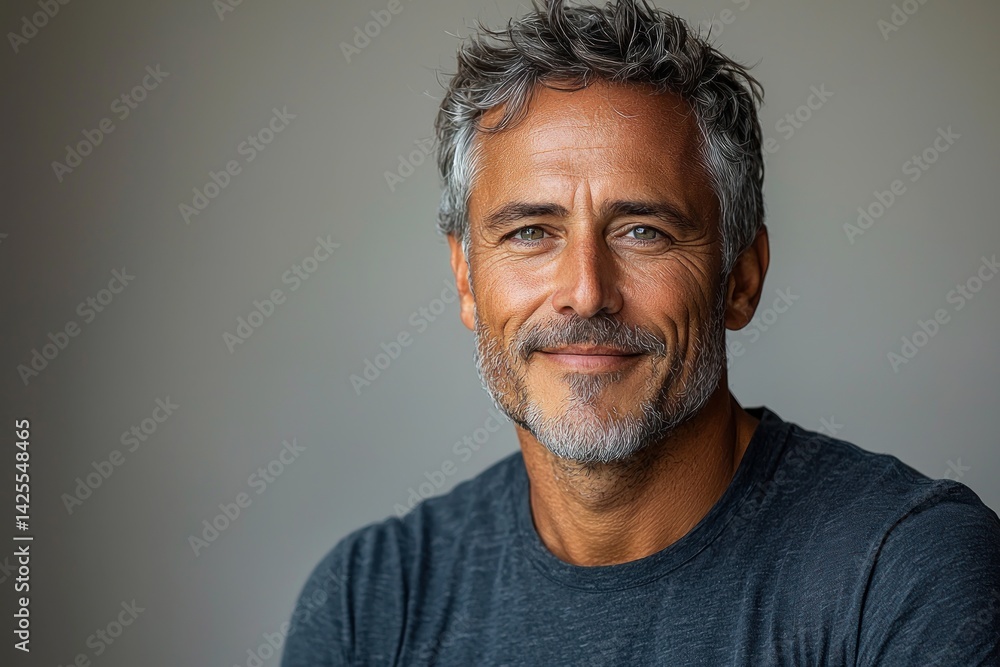 Mature man with salt and pepper hair and confident expression wearing dark gray shirt against neutral background looking at camera Generative AI