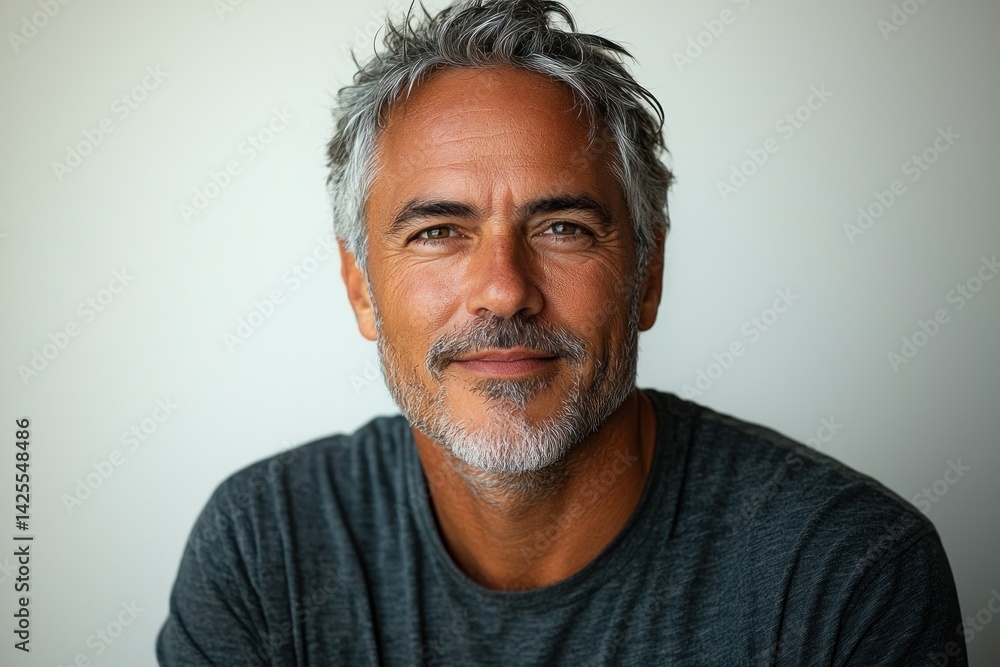 Mature man with salt and pepper hair and confident expression wearing dark gray shirt against neutral background looking at camera Generative AI