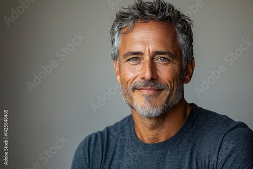 Obraz na płótnie Mature man with salt and pepper hair and confident expression wearing dark gray shirt against neutral background looking at camera Generative AI w salonie