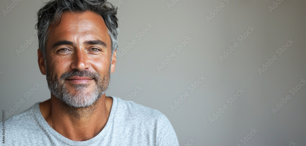 Confident mature man with salt and pepper hair and beard smiling subtly while wearing light gray shirt against soft neutral background Generative AI