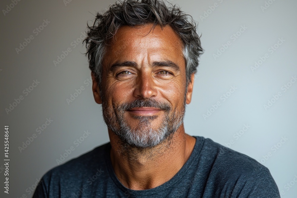 Obraz premium Smiling mature man with salt and pepper hair wearing dark blue shirt looking confidently at camera against white background closeup Generative AI