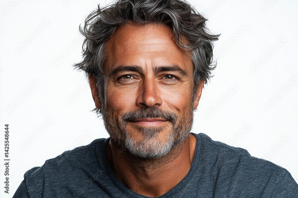 Smiling mature man with salt and pepper hair wearing dark blue shirt looking confidently at camera against white background closeup Generative AI