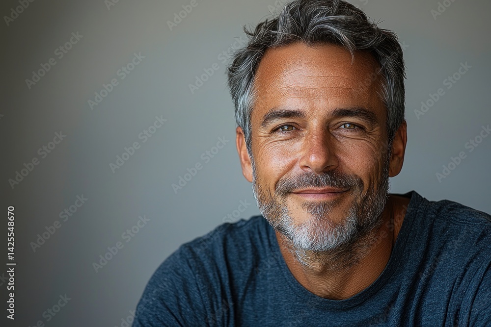 Smiling mature man with salt and pepper hair wearing dark blue shirt looking confidently at camera against white background closeup Generative AI