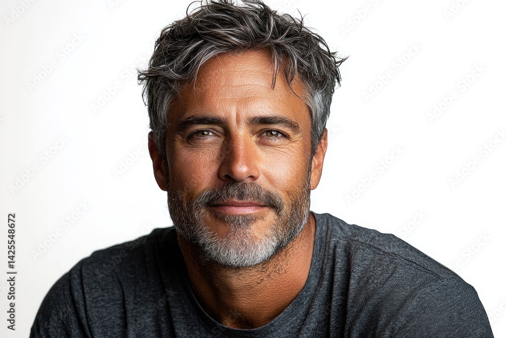 Smiling mature man with salt and pepper hair wearing dark blue shirt looking confidently at camera against white background closeup Generative AI