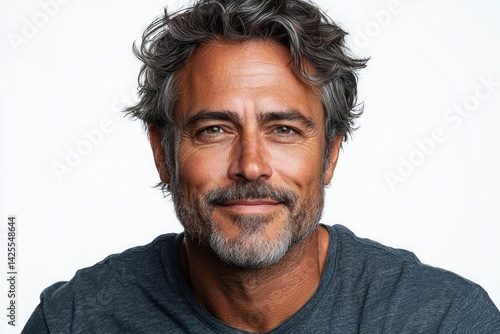 Obraz na płótnie Smiling mature man with salt and pepper hair wearing dark blue shirt looking confidently at camera against white background closeup Generative AI w salonie