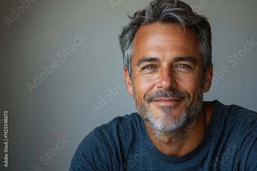 Obraz na płótnie Smiling mature man with salt and pepper hair wearing dark blue shirt looking confidently at camera against white background closeup Generative AI w salonie