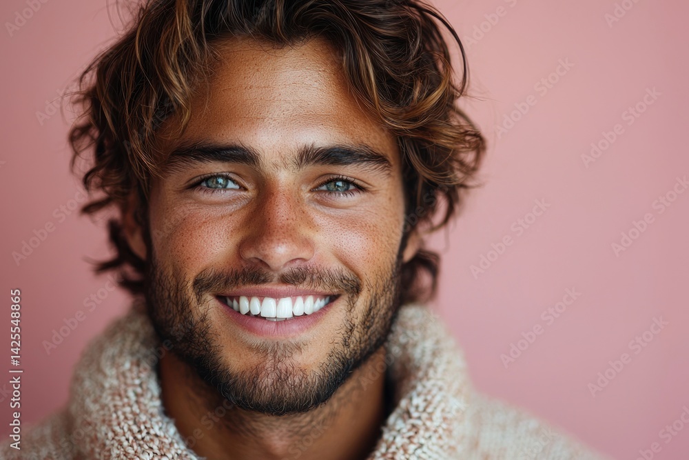 Cheerful young man with tousled hair and beard smiling brightly in cozy knit sweater against soft pink background closeup portrait Generative AI