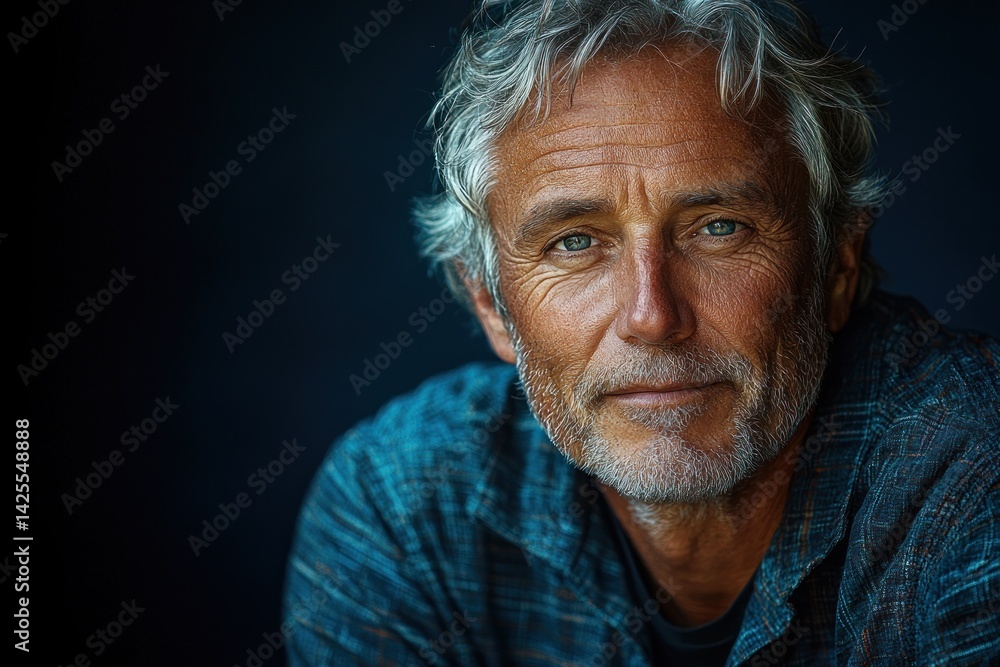 Stylish mature man with salt and pepper hair wearing brown jacket and dark shirt looking confidently at camera against dark background Generative AI