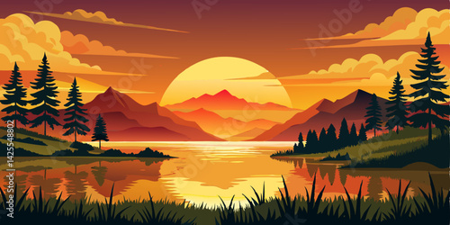 Amazing sunrise lake vector flat minimalistic isolated illustration, beautiful orange sky