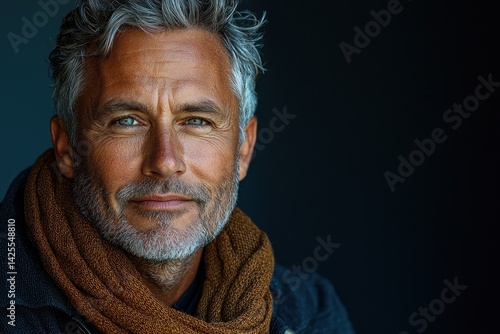 Obraz na płótnie Stylish mature man with salt and pepper hair wearing brown jacket and dark shirt looking confidently at camera against dark background Generative AI w salonie