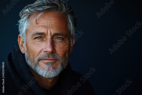 Stylish mature man with salt and pepper hair wearing brown jacket and dark shirt looking confidently at camera against dark background Generative AI