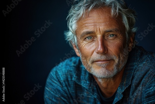 Obraz na płótnie Stylish mature man with salt and pepper hair wearing brown jacket and dark shirt looking confidently at camera against dark background Generative AI w salonie