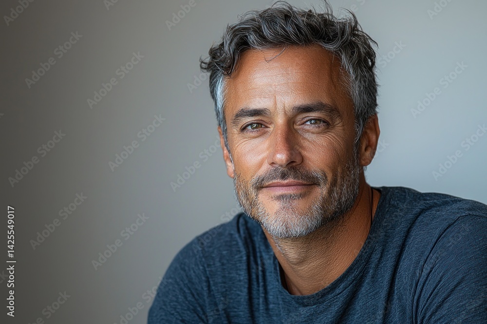 Confident mature man with salt and pepper hair wearing dark blue shirt looking into camera with calm expression against neutral background Generative AI