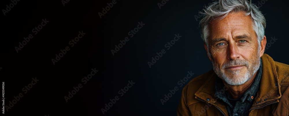 Confident older man with silver hair and beard wearing dark jacket looking at camera against deep blue background closeup portrait Generative AI