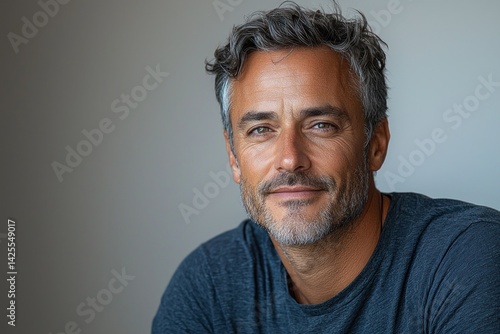 Obraz na płótnie Confident mature man with salt and pepper hair wearing dark blue shirt looking into camera with calm expression against neutral background Generative AI w salonie