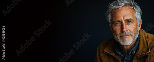 Obraz na płótnie Confident older man with silver hair and beard wearing dark jacket looking at camera against deep blue background closeup portrait Generative AI w salonie
