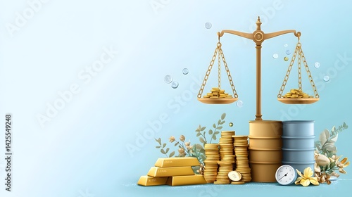 Wallpaper Mural Balanced scales of justice with stacks of coins gold bars and financial instruments symbolizing financial management wealth and economic prosperity Torontodigital.ca