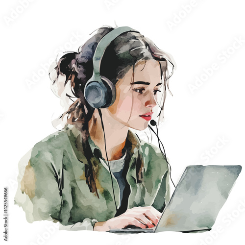 AI language interpreter in action, watercolor illustration, isolated on a white background.

