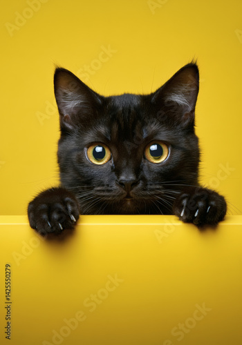 Adorable black solid kitten with bright amber eyes peeking over a vibrant yellow surface, set against a solid yellow background. The curious expression and minimalist setting make this a perfect