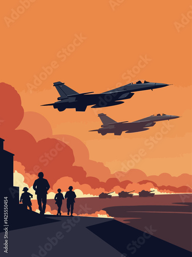  airal view of military jets flying over battlefeilds with soldiers on it, with fire in background