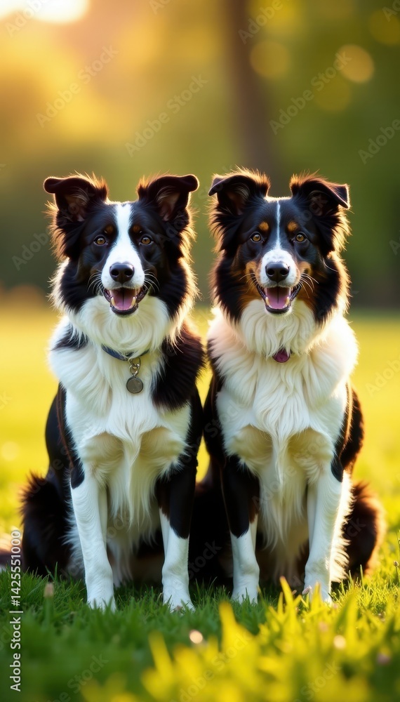 Two majestic border collies, side-by-side, in a sun-drenched field , friendship, animal photography, grass Two majestic border collies, side-by-side, in a sun-drenched field , friendship, animal photography, grass