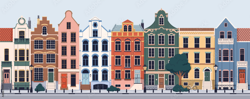 Fototapeta premium UK houses row. London city building facade, exterior, old urban architecture. Classic historic British facades, landscape, English neighborhood. Europe cityscape, street view. Flat vector illustration