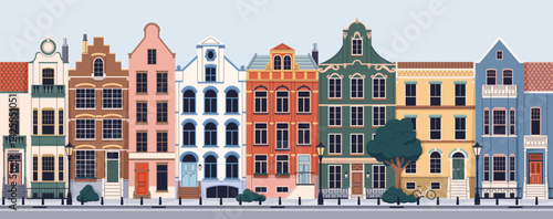 UK houses row. London city building facade, exterior, old urban architecture. Classic historic British facades, landscape, English neighborhood. Europe cityscape, street view. Flat vector illustration