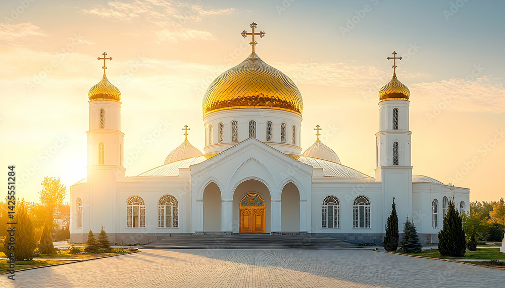 Fototapeta premium Serene sunrise white building architecture image