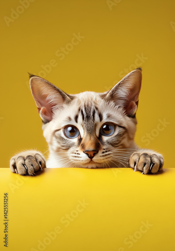 Adorable Siamese kitten with bright amber eyes peeking over a vibrant yellow surface, set against a solid yellow background. The curious expression and minimalist setting make this a perfect
