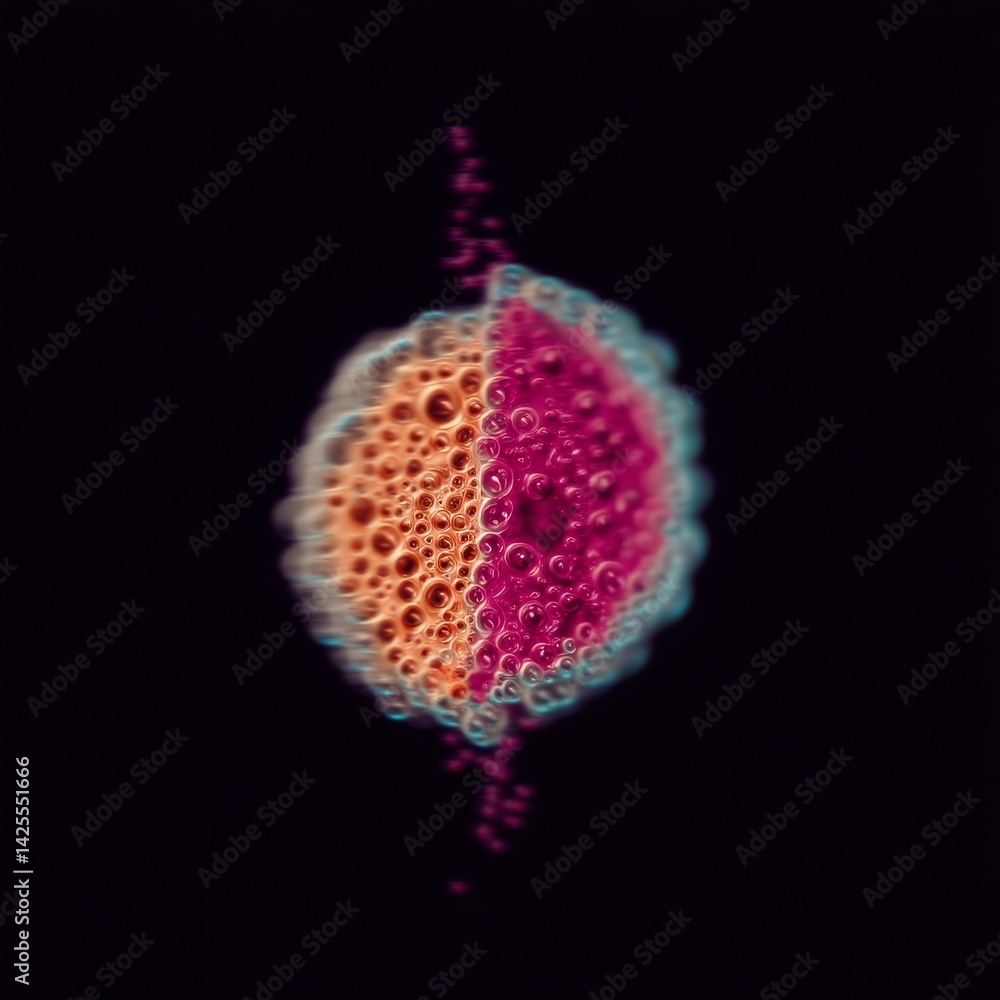 Obraz premium Abstract Sphere of Bubbles: An Organic Microscopic Display of Pink, Orange and Cyan on a Black Backdrop