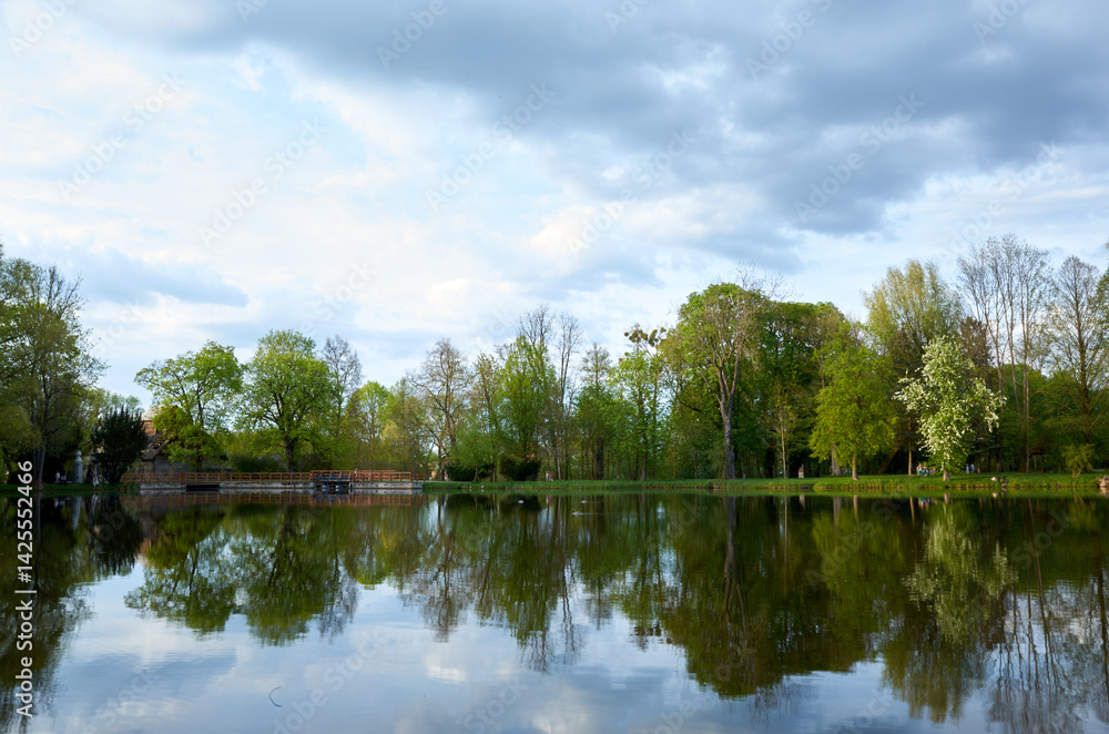 Lake with trees in the background and a cloudy sky Lake with trees in the background and a cloudy sky