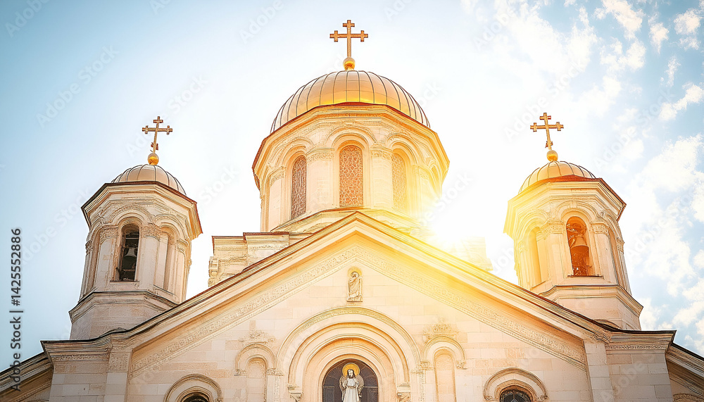 Fototapeta premium Majestic church golden domes peaceful sunlight serenity