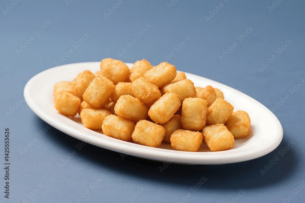 Fototapeta premium Plate of fried potato bites with tomato sauce, perfect for food blogs, restaurant menus, or social media posts showcasing delicious appetizers. AI Generate