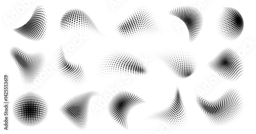Collection of halftone polka dot abstract shape, curved dotted pattern in halftone theme, twisted black and white gradient texture background, grunge overlay pixel art and vector comic design element.