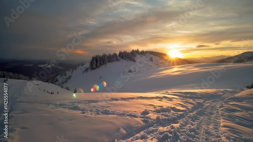 arafed view of a snowy mountain with a trail in the snow