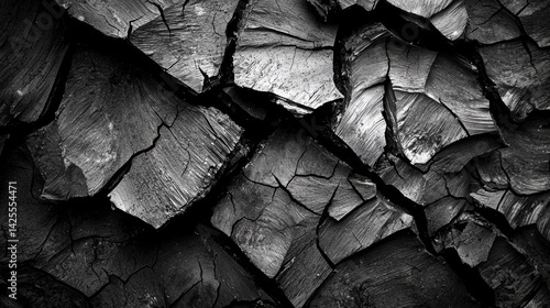 Textured black charcoal pieces create a striking pattern on a rustic wooden surface