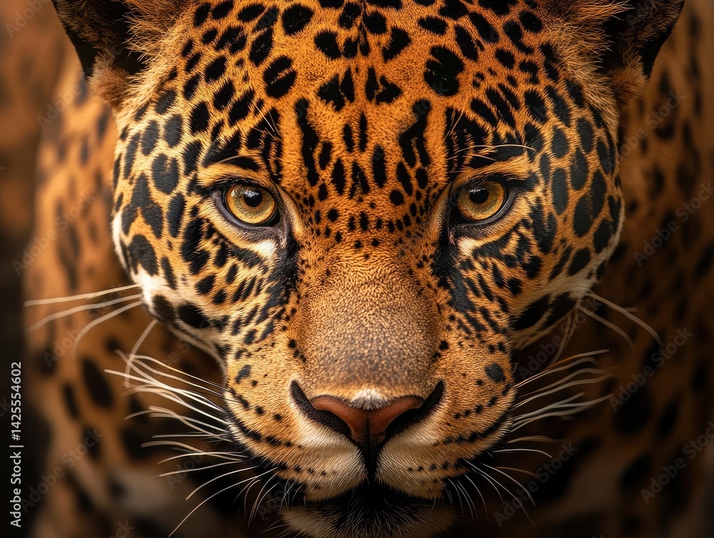 Obraz premium A breathtaking macro shot of a jaguars face, its golden eyes shining with strength and mystery