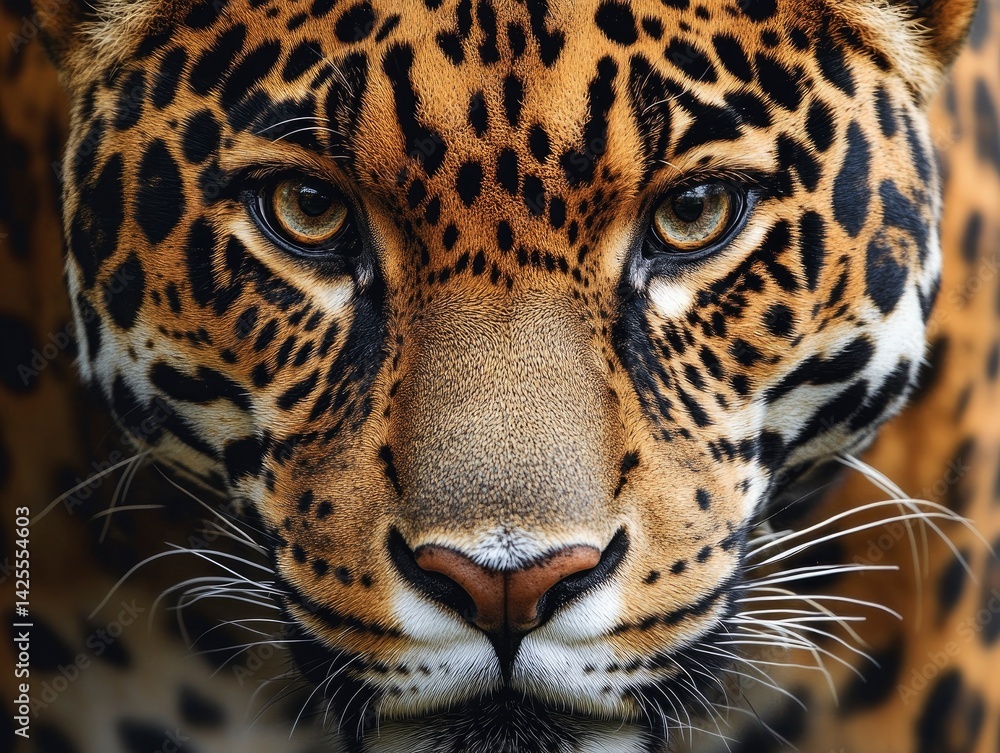 Obraz premium A breathtaking macro shot of a jaguars face, its golden eyes shining with strength and mystery