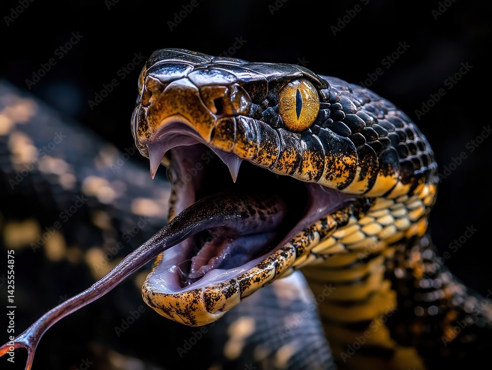 Fototapeta premium A captivating close-up of a snake with its mouth wide open, showcasing its sharp, elongated teeth