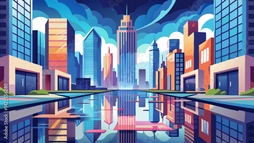 Tall city buildings mirrored perfectly in fresh puddles after the rain