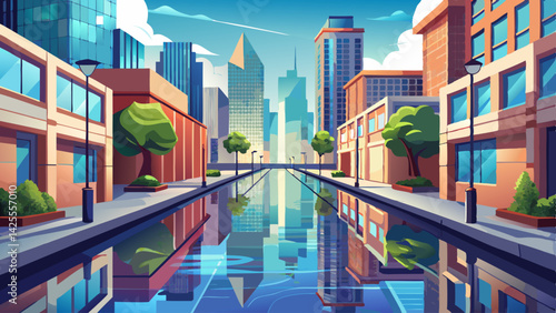 A quiet street glistens with reflections of skyscrapers in shallow water