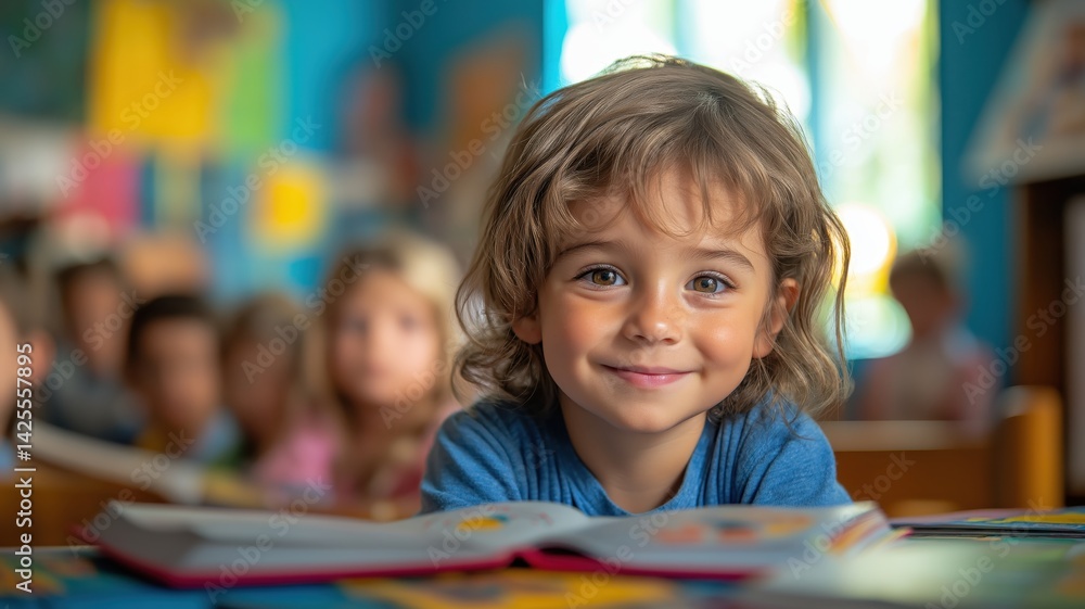 Charming Child After Reading in Colorful Classroom Setting Charming Child After Reading in Colorful Classroom Setting