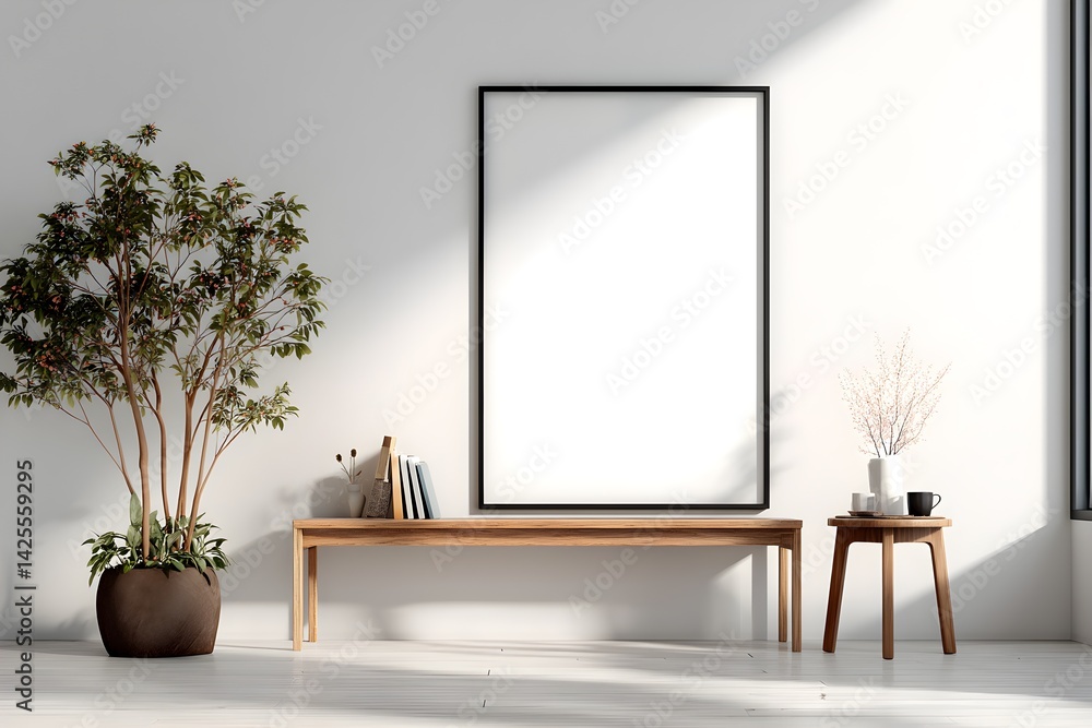 Minimalist interior with blank framed poster on light wall. 3D Rendering Minimalist interior with blank framed poster on light wall. 3D Rendering